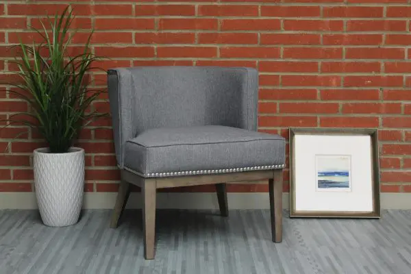 Guest Chair Medium Gray Linen Silver Nail Head Trim Modern Walnut Wood Frame - Image 9
