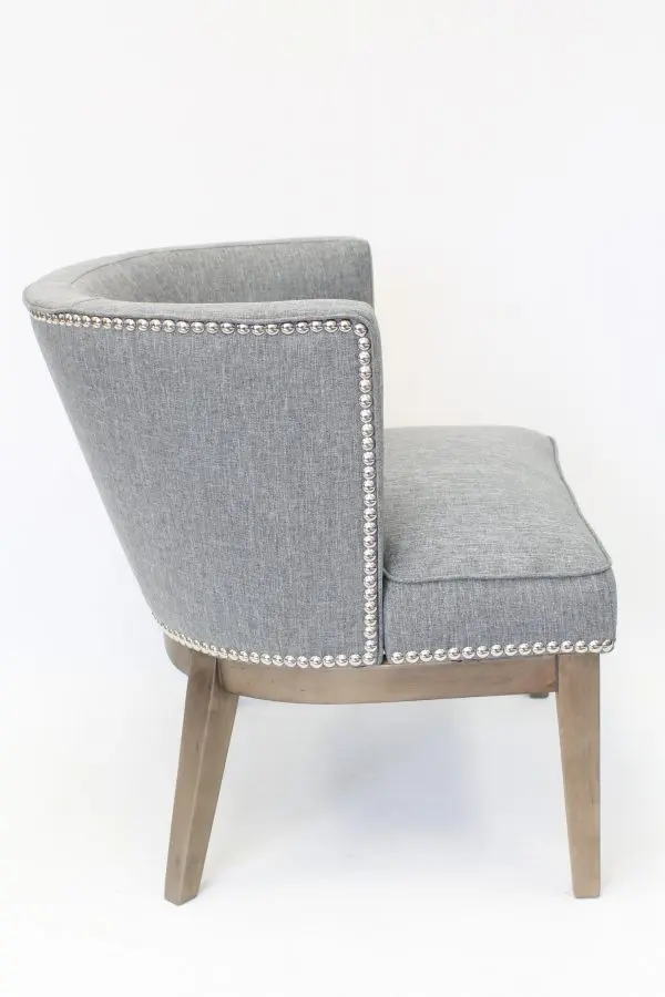 Guest Chair Medium Gray Linen Silver Nail Head Trim Modern Walnut Wood Frame - Image 3