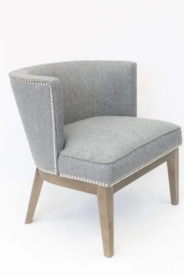 Guest Chair Medium Gray Linen Silver Nail Head Trim Modern Walnut Wood Frame