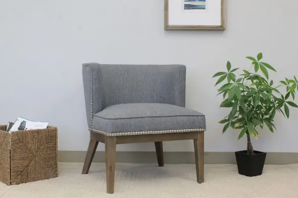 Guest Chair Medium Gray Linen Silver Nail Head Trim Modern Walnut Wood Frame - Image 10