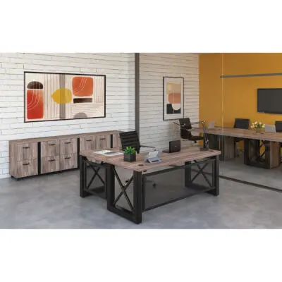 riveted modern l shaped executive desk and 3 lateral files