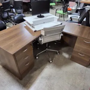 Used Walnut L-Shaped Executive Office Desk with Drawers - 72"x 72"-78"