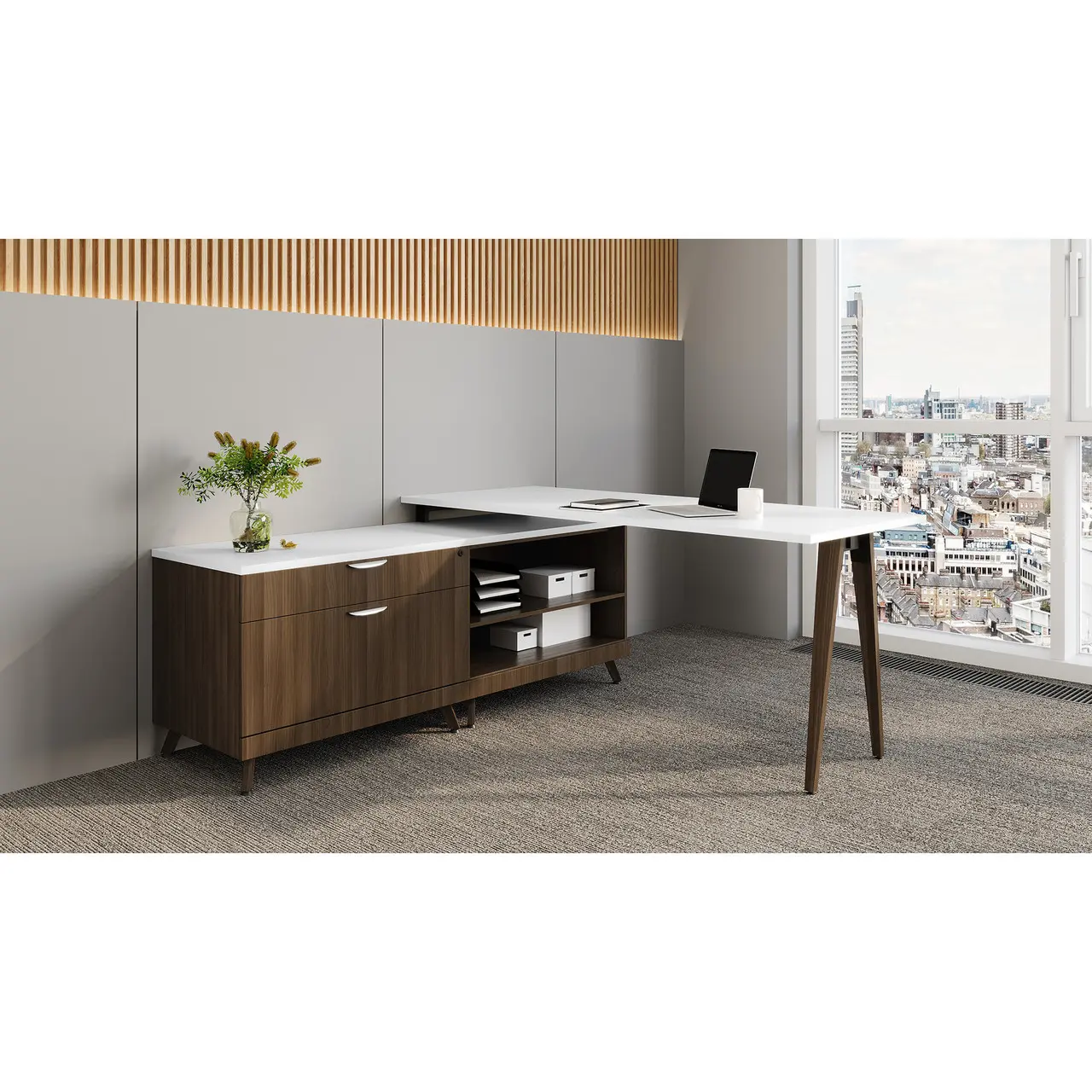 Mid-Century Modern L-Shaped Executive Desk with Storage Credenza – Multiple Color Combinations Available.