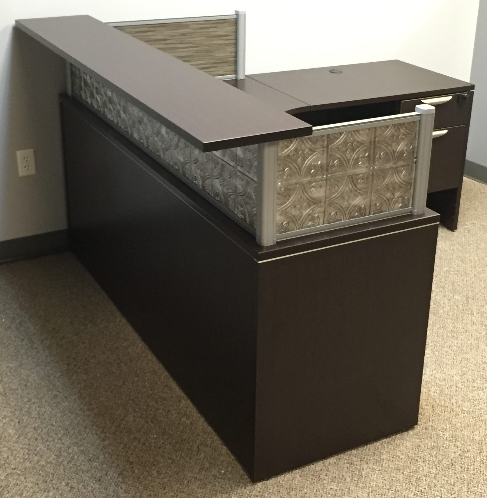 Rustic L Shape Borders Reception Desk With Faux Hammered Tin