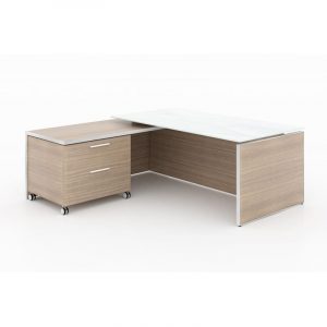 modern executive L- shape desk featuring a white glass (dry erase) top on the desk portion and Noce laminate top on the return and drawers. The desk shows genuine metal edge trim.