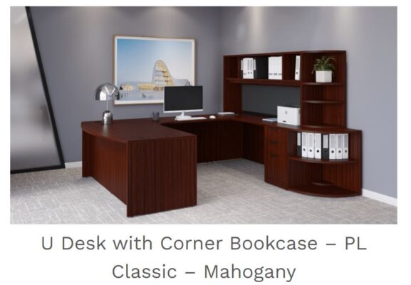 u shaped desk with corner bookcase in mahogany