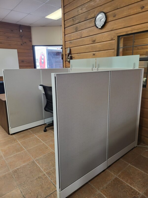 Used 6 x 5 Cubicle w 8" Frosted Glass Stack-on 53" High equipped with Height Adjustable Desk.