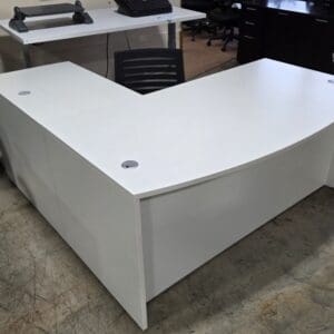 Used White Bowfront 'L' Shape Office Desk w/ BBF- 72x78