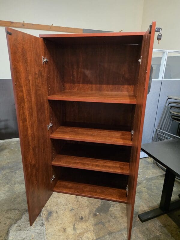 Used Locking Storage Cabinet Tall - Cherry Laminate - Image 4